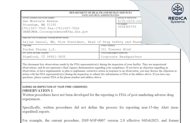 FDA 483 - Purdue Pharma L.P. [Stamford / United States of America] - Download PDF - Redica Systems