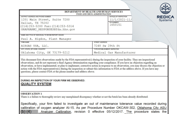 FDA 483 - Airgas Usa, LLC [Oklahoma City / United States of America] - Download PDF - Redica Systems
