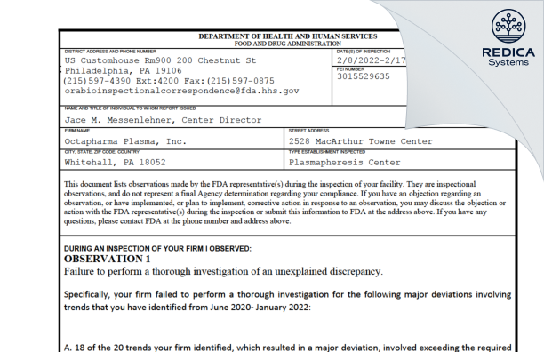 FDA 483 - Octapharma Plasma, Inc. [Whitehall / United States of America] - Download PDF - Redica Systems