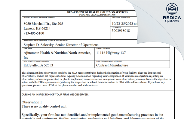 FDA 483 - Ajinomoto Health & Nutrition North America Inc [Eddyville / United States of America] - Download PDF - Redica Systems