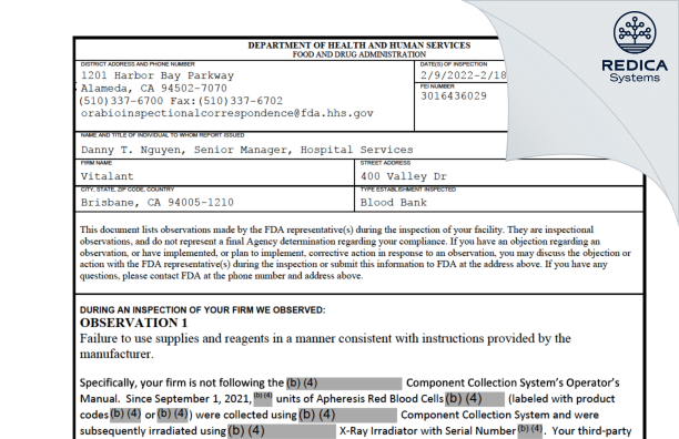 FDA 483 - Vitalant [Brisbane / United States of America] - Download PDF - Redica Systems