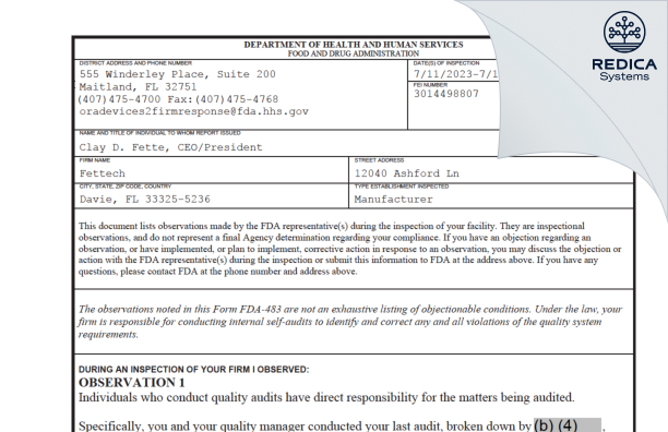 FDA 483 - Fettech [Davie / United States of America] - Download PDF - Redica Systems