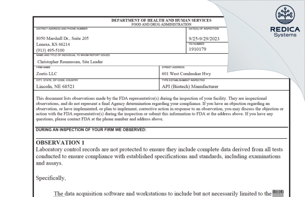 FDA 483 - Zoetis LLC [Lincoln / United States of America] - Download PDF - Redica Systems