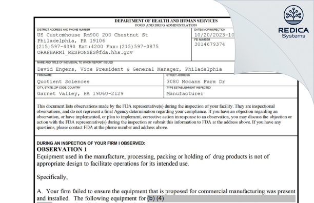 FDA 483 - Quotient Sciences - Philadelphia, LLC [Garnet Valley Pennsylvania / United States of America] - Download PDF - Redica Systems