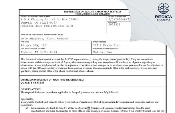 FDA 483 - Airgas Usa, LLC [Tucson / United States of America] - Download PDF - Redica Systems