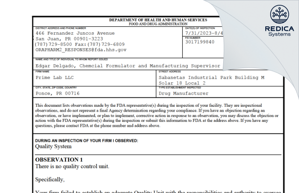 FDA 483 - Prime Lab, LLC [Puerto Rico / United States of America] - Download PDF - Redica Systems