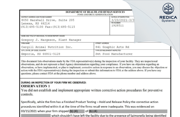FDA 483 - Cargill Animal Nutrition Inc. [Emporia / United States of America] - Download PDF - Redica Systems