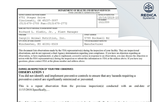 FDA 483 - Cargill, Incorporated [Winchester / United States of America] - Download PDF - Redica Systems
