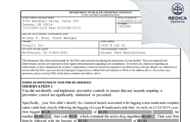 FDA 483 - CARGILL INC [Mcpherson / United States of America] - Download PDF - Redica Systems