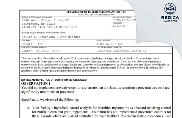 FDA 483 - Cargill, Incorporated [Virginia / United States of America] - Download PDF - Redica Systems