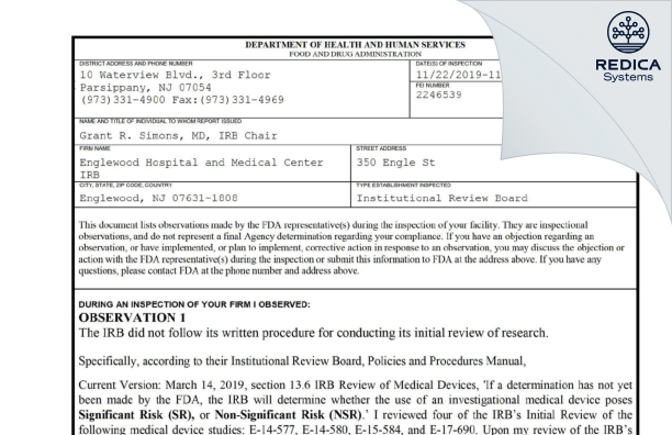 FDA 483 - Englewood Hospital and Medical Center IRB [Englewood / United States of America] - Download PDF - Redica Systems