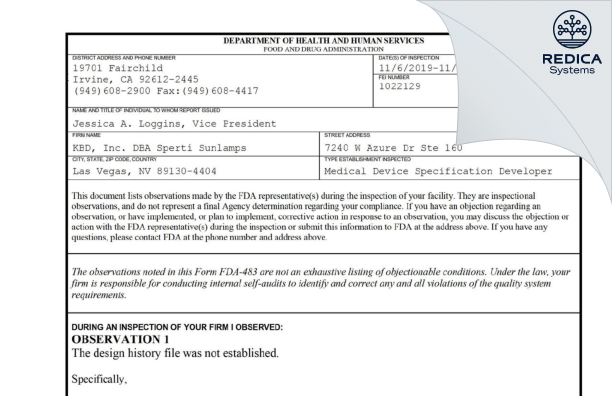 FDA 483 - KBD, Inc. [North Las Vegas / United States of America] - Download PDF - Redica Systems