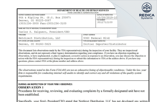 FDA 483 - Netdirect Distribution, LLC [Denver / United States of America] - Download PDF - Redica Systems