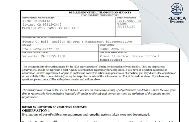 FDA 483 - Stoll Metalcraft Inc [Valencia / United States of America] - Download PDF - Redica Systems