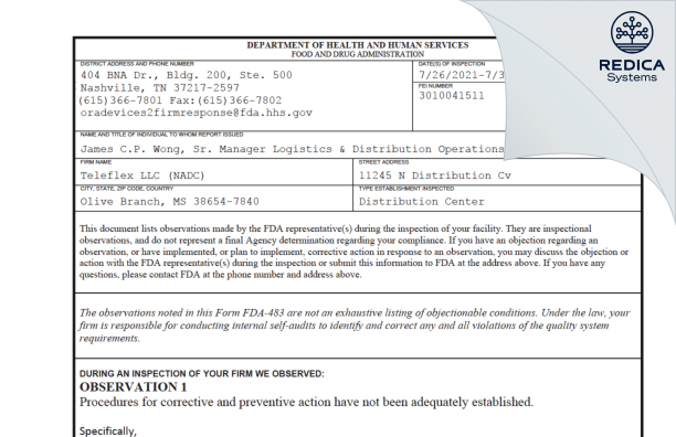 FDA 483 - Teleflex LLC (NADC) [Olive Branch / United States of America] - Download PDF - Redica Systems