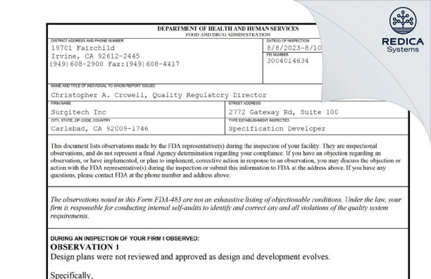 FDA 483 - Surgitech Inc [Carlsbad / United States of America] - Download PDF - Redica Systems
