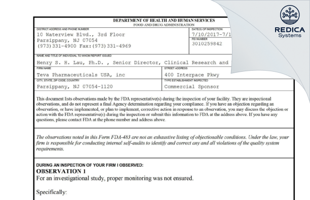 FDA 483 - Teva API, Inc. [Parsippany / United States of America] - Download PDF - Redica Systems