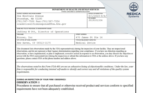FDA 483 - Biorez, Inc [New Haven / United States of America] - Download PDF - Redica Systems