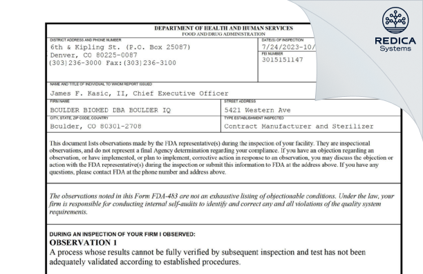 FDA 483 - BOULDER BIOMED DBA BOULDER IQ [Boulder / United States of America] - Download PDF - Redica Systems