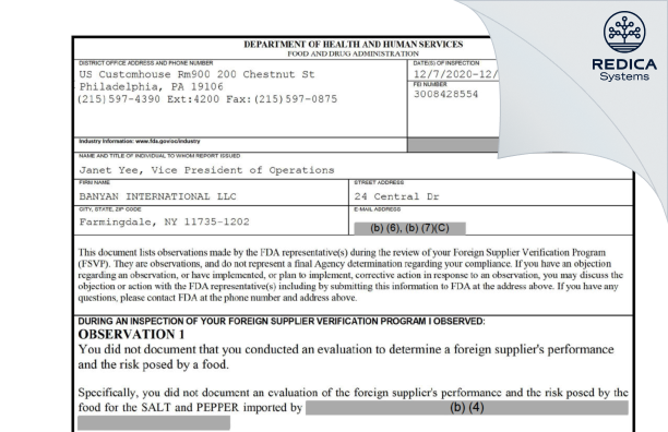 FDA 483 - BANYAN INTERNATIONAL LLC [Farmingdale / United States of America] - Download PDF - Redica Systems