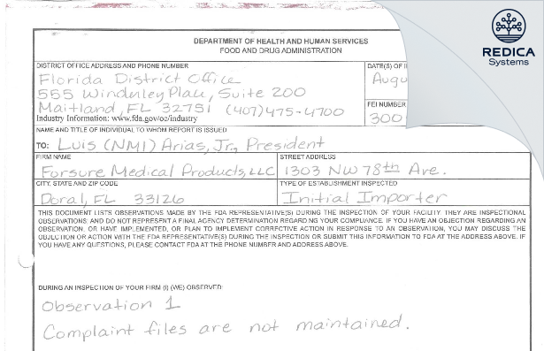 FDA 483 - Forsure Medical Products, LLC [Doral / United States of America] - Download PDF - Redica Systems