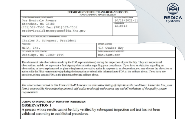 FDA 483 - MIRA, Inc. [Uxbridge / United States of America] - Download PDF - Redica Systems