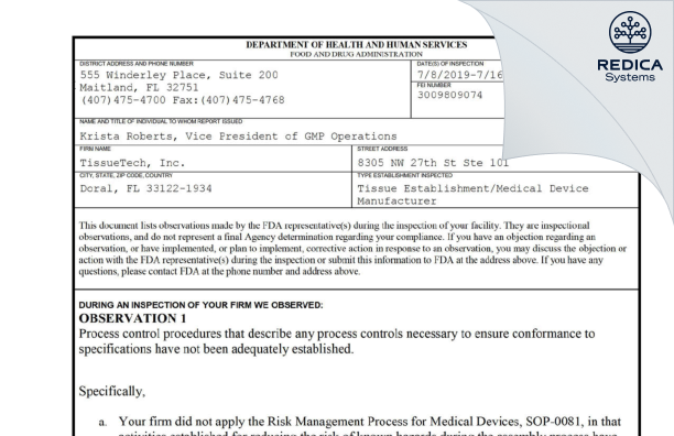 FDA 483 - TissueTech, Inc. [Doral / United States of America] - Download PDF - Redica Systems