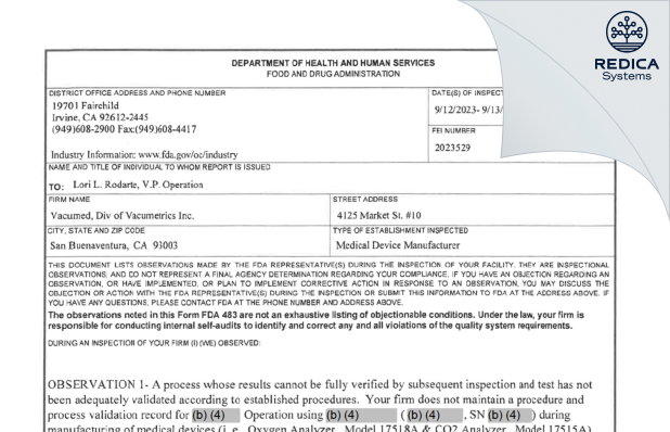 FDA 483 - Vacumed, Div of Vacumetrics Inc [Ventura / United States of America] - Download PDF - Redica Systems