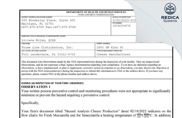 FDA 483 - Prime Line Distributors, Inc. [Fort Lauderdale / United States of America] - Download PDF - Redica Systems