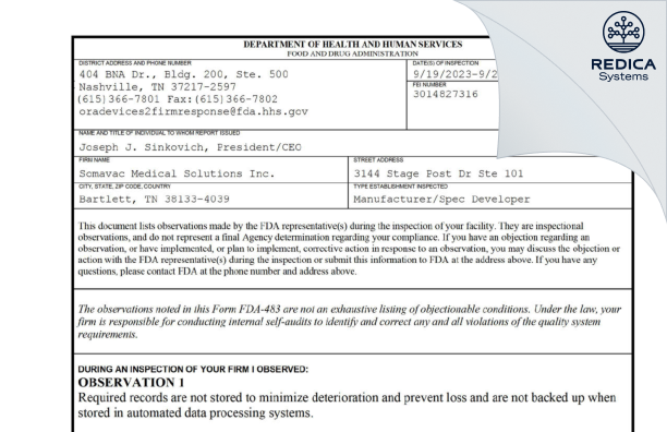 FDA 483 - Somavac Medical Solutions Inc. [Bartlett / United States of America] - Download PDF - Redica Systems