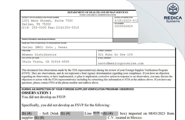FDA 483 - Abamex Distributors [Chula Vista / United States of America] - Download PDF - Redica Systems