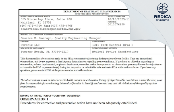 FDA 483 - Curonix LLC [Pompano Beach / United States of America] - Download PDF - Redica Systems