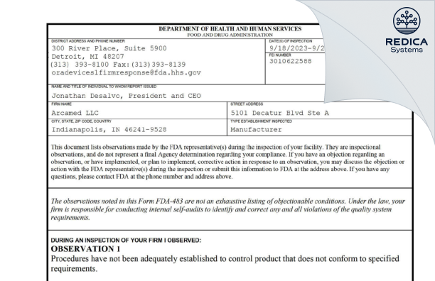 FDA 483 - Arcamed LLC [Indianapolis / United States of America] - Download PDF - Redica Systems
