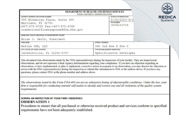 FDA 483 - Refine USA, LLC [Jacksonville / United States of America] - Download PDF - Redica Systems
