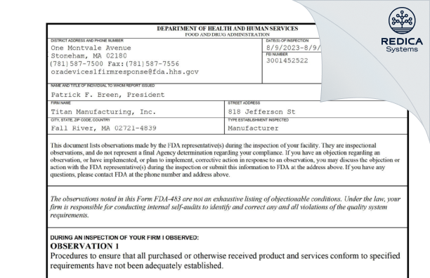 FDA 483 - Titan Manufacturing, Inc. [Fall River / United States of America] - Download PDF - Redica Systems