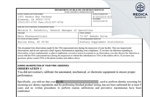 FDA 483 - Mera Pharmaceuticals [Kailua Kona / United States of America] - Download PDF - Redica Systems