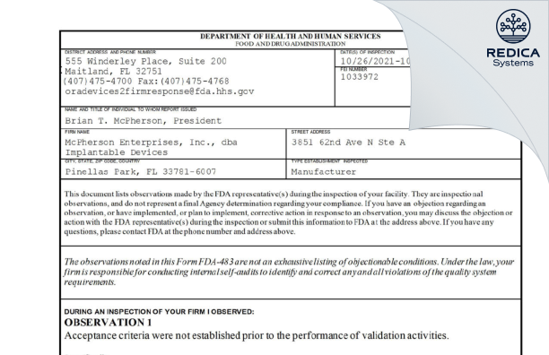 FDA 483 - McPherson Enterprises, Inc., dba Implantable Devices [Pinellas Park / United States of America] - Download PDF - Redica Systems