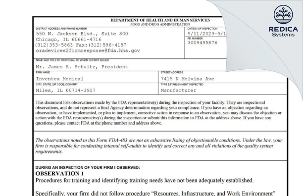 FDA 483 - Inventex Medical [Niles / United States of America] - Download PDF - Redica Systems