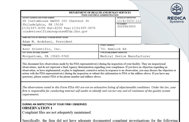 FDA 483 - Azer Scientific, Inc. [Morgantown Pennsylvania / United States of America] - Download PDF - Redica Systems