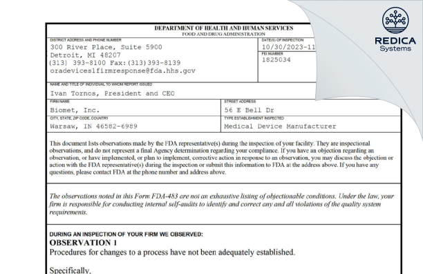 FDA 483 - Biomet, Inc. [Warsaw / United States of America] - Download PDF - Redica Systems