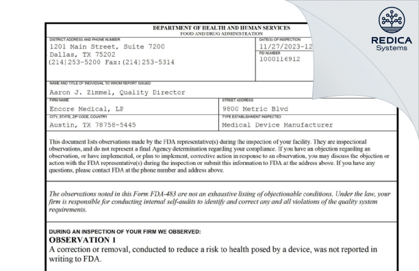 FDA 483 - Encore Medical, LP [Austin / United States of America] - Download PDF - Redica Systems