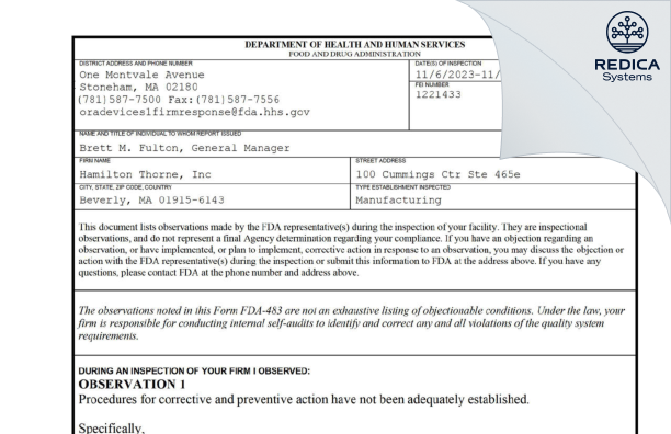 FDA 483 - Hamilton Thorne, Inc [Beverly / United States of America] - Download PDF - Redica Systems