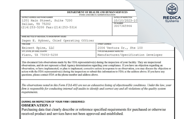 FDA 483 - Eminent Spine, LLC [Plano / United States of America] - Download PDF - Redica Systems