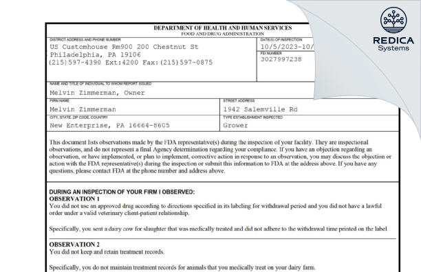 FDA 483 - Melvin Zimmerman [New Enterprise / United States of America] - Download PDF - Redica Systems