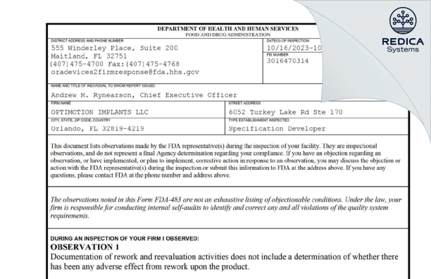 FDA 483 - OPTIMOTION IMPLANTS LLC [Orlando / United States of America] - Download PDF - Redica Systems