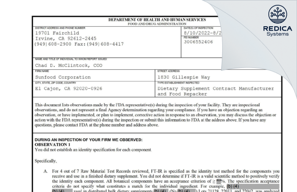 FDA 483 - Sunfood Corporation [El Cajon / United States of America] - Download PDF - Redica Systems
