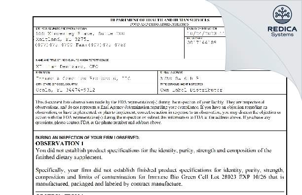 FDA 483 - Immune & Genetics Protocols, LLC [Ocala / United States of America] - Download PDF - Redica Systems