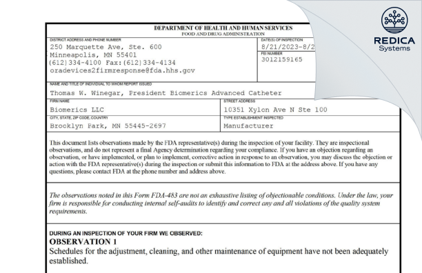 FDA 483 - Biomerics LLC [Brooklyn Park / United States of America] - Download PDF - Redica Systems