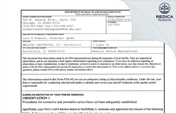 FDA 483 - MEDLINE INDUSTRIES, LP - Northfield [Northfield / United States of America] - Download PDF - Redica Systems