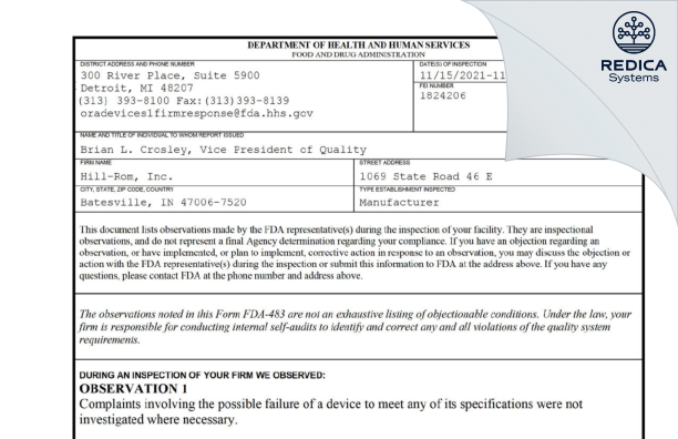 FDA 483 - Hill-Rom, Inc. [Batesville / United States of America] - Download PDF - Redica Systems